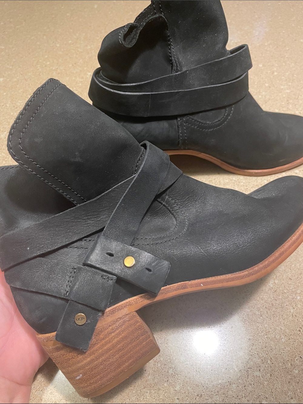 UGG Black Leather Ankle Booties with Wrap Strap